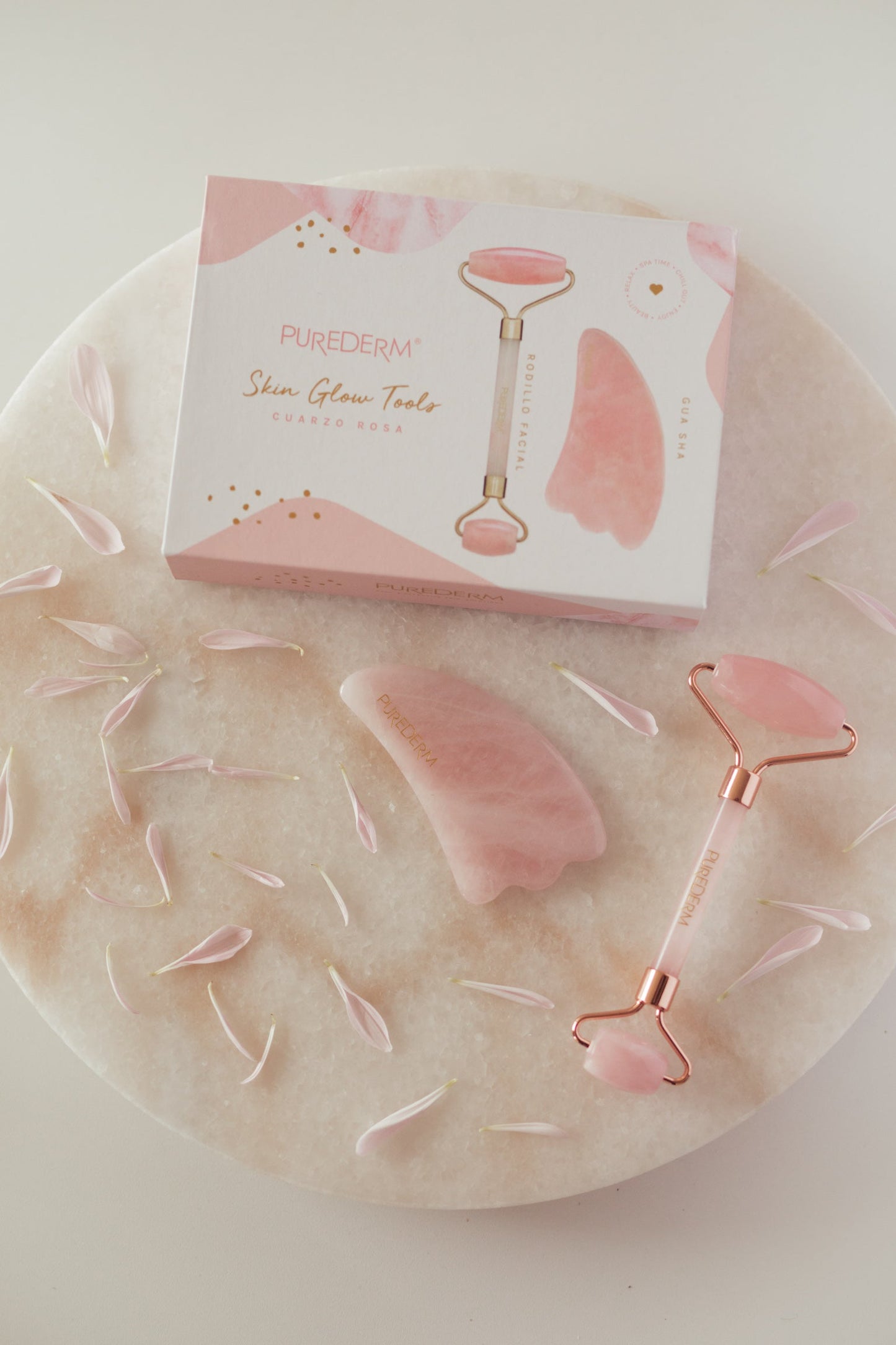 Skin glow tools – Rodillo facial y gua sha de cuarzo rosa