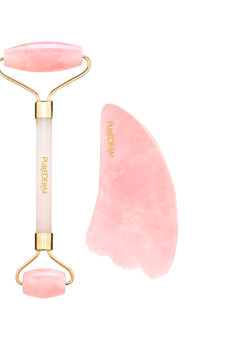 Skin glow tools – Rodillo facial y gua sha de cuarzo rosa